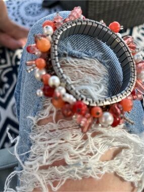 Hand-Beaded Coral and Pearl Stretch Bracelet